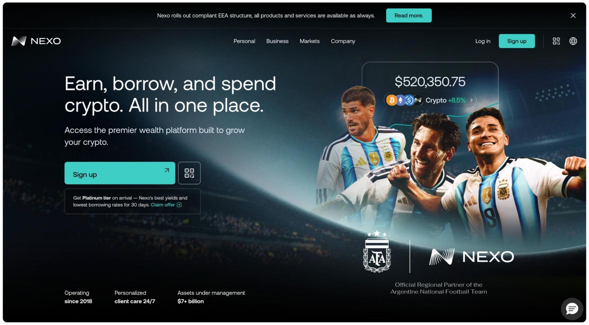 Nexo crypto platform homepage showing 'Earn, borrow, and spend crypto. All in one place'