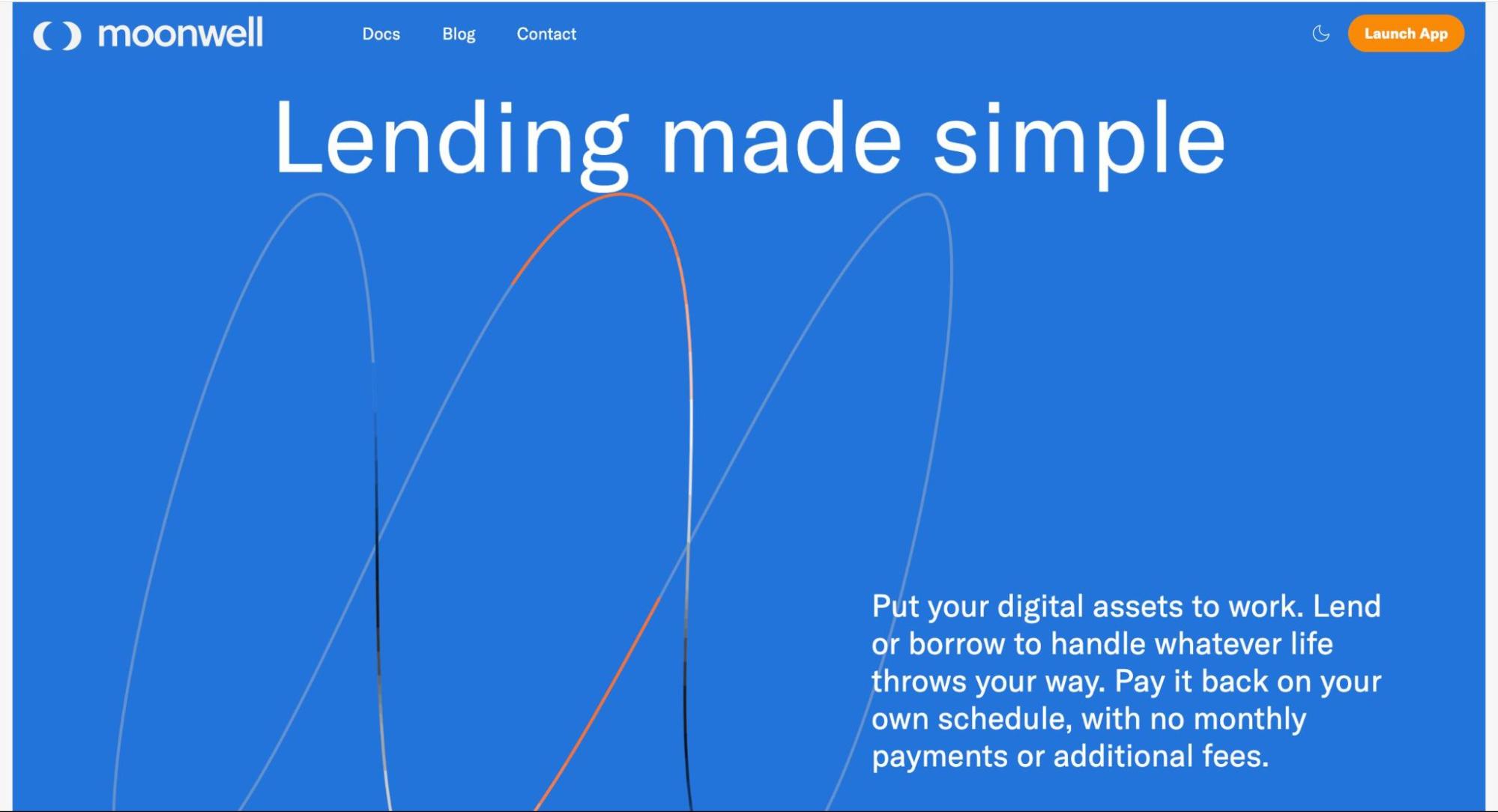 Moonwell homepage: "Lending made simple." Blue page with abstract curves. Lend or borrow digital assets, no monthly payments or fees.