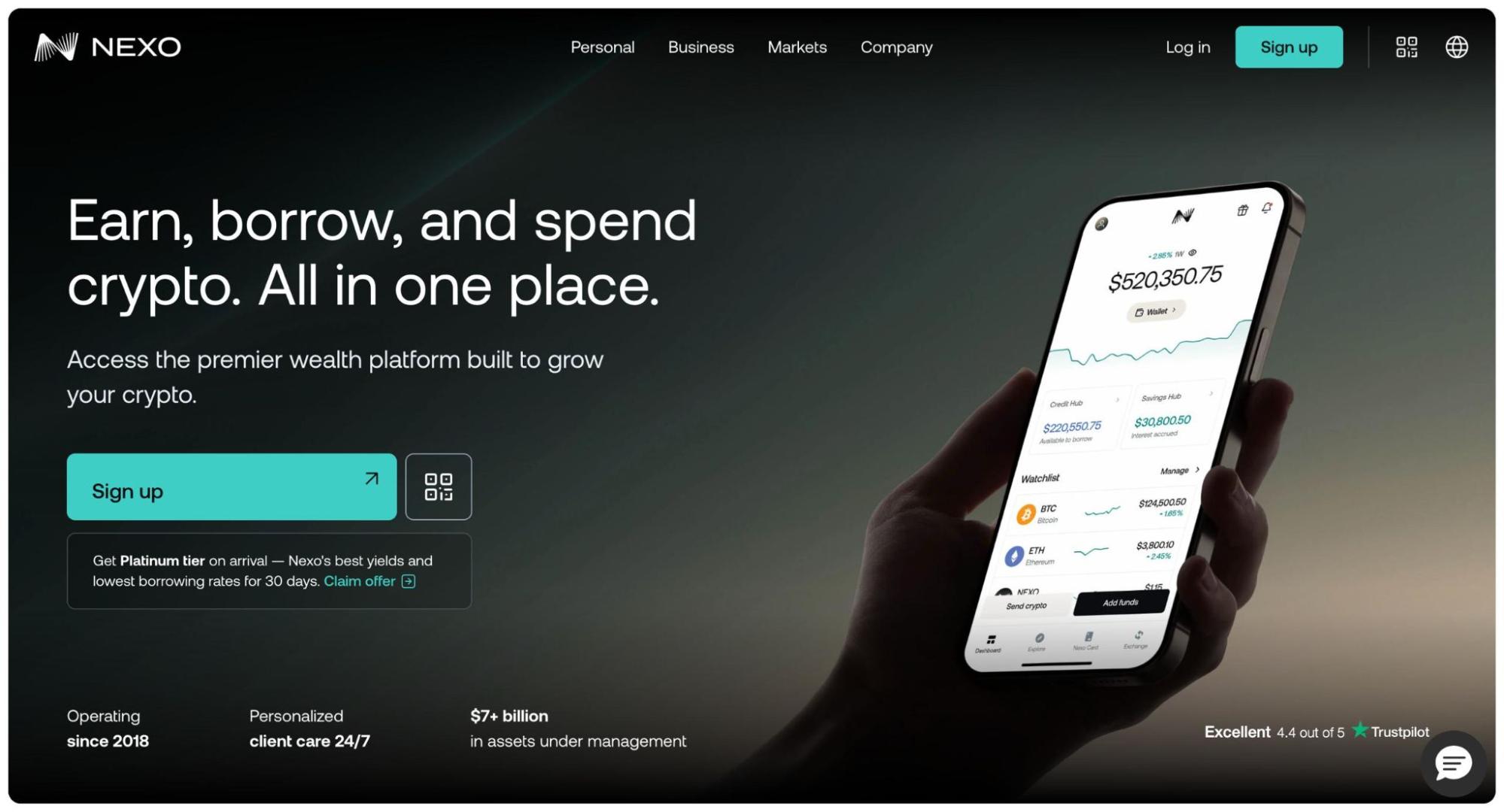Nexo homepage: "Earn, borrow, and spend crypto. All in one place." App UI mockup. $7B+ AUM, Trustpilot 4.4/5, operating since 2018.