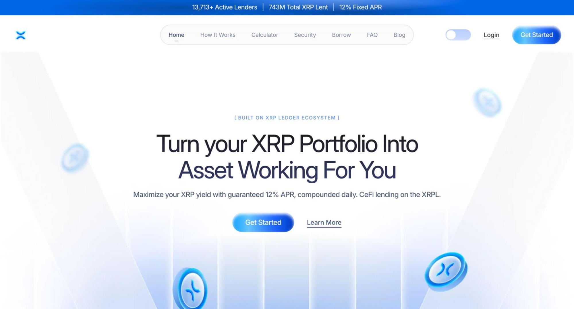 LendProtocol homepage: "Turn your XRP Portfolio Into Asset Working For You." 12% Fixed APR. 13,713+ active lenders, 743M XRP lent.