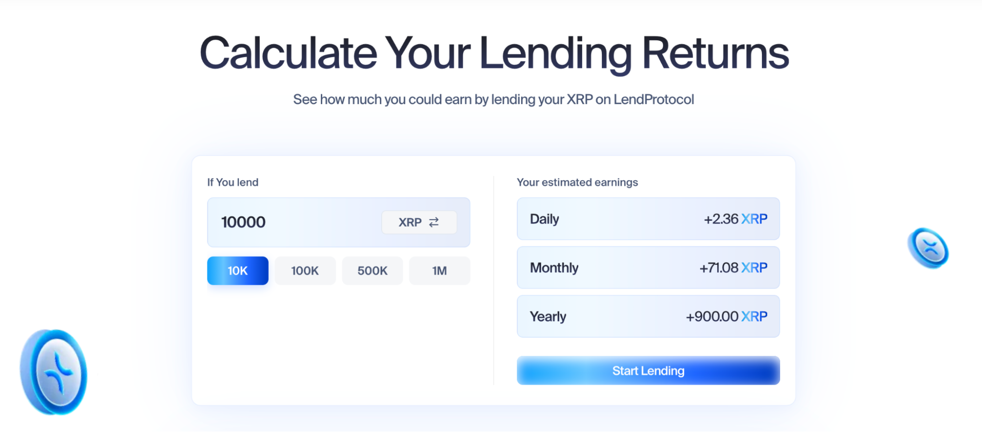 XRP yield calculator showing estimated daily, monthly, and yearly returns for 10,000 XRP.